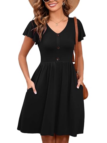 Image of Heymoments Women's Ruffle Sleeve V Neck Swing Sundress Summer Casual A-Line Midi Dress with Pockets S-2XL