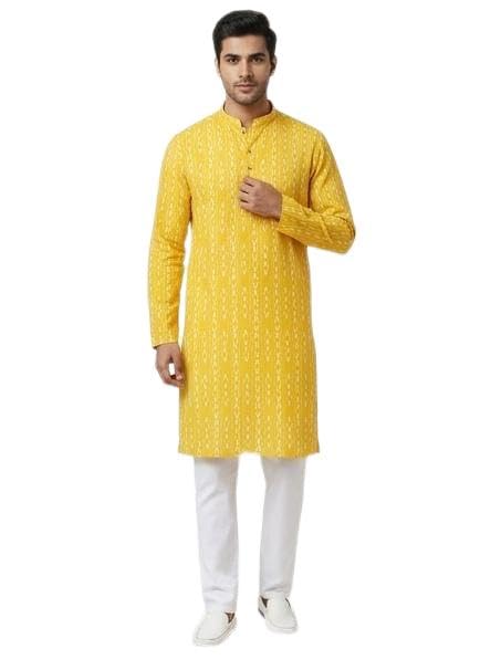 Men's musterd Yellow Printed Kurta with Mandarin Collar, Full Sleeves (S)-image-32