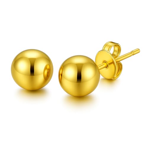 Image of 18K Gold Plated Sterling Silver Ball Stud Earrings 3mm-8mm Options, High Polished Ball Studs Hypoallergenic Jewellery (8mm)