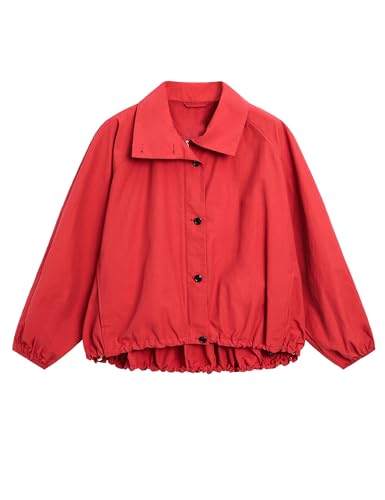 Megfie Womens Bomber Jackets Oversized Button High Neck Puff Coats Elastic Balloon Hem Fall Tops(0987-Red-M)
