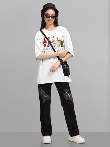 Image of HELLCAT Beige Trendy Printed Oversized T-Shirt for Women