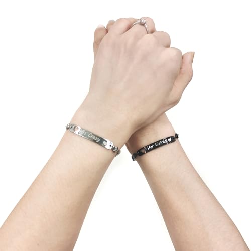 Image of 2 Couple Bracelets for men women, Love /Koi Fish /Gossip Jigsaw Puzzle Stainless Steel Heart-shaped Chain Adjustable Bracelet for Boyfriend Girlfriend Valentine's Day Gift Jewelry
