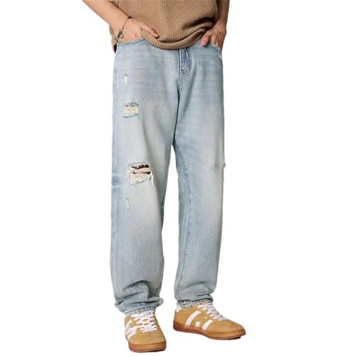 Men Summer Loose Straight Harem Pants Hollow Out Baggy Pant Cowboy Classic Version Ripped Jeans
