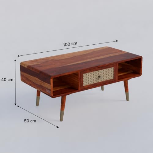 Image of DRIFTINGWOOD Amber Solid Sheesham Wood Coffee Table with Rattan Drawer | Mid-Century Center Table for Living Room with Open Storage | Honey Finish