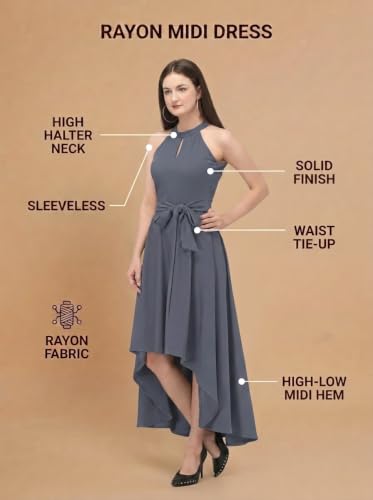 Image of Women Fit & Flare High Low Midi Dress | Sleeveless Round Neck One Piece Dress with Waist Tie Detail | Flowy Western Dress for Party and Casual Styling