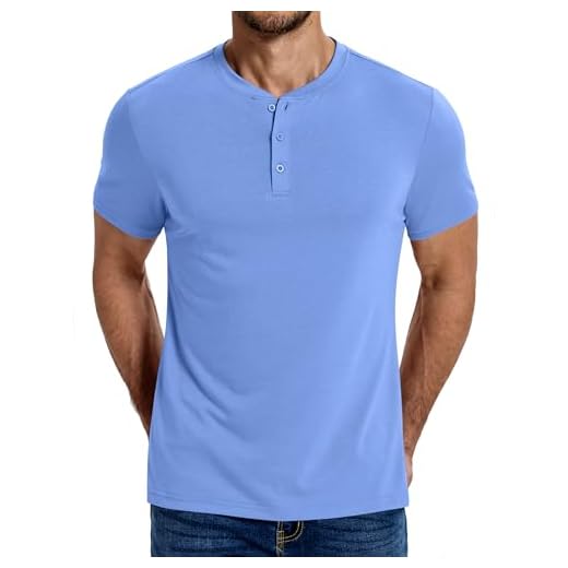 COOFANDY Camiseta masculina Henley de algodão manga curta casual botão Henley básica leve verão, Azul claro, 3G