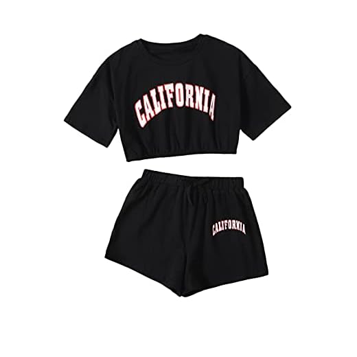 SheIn Girls Short Sleeve Letter Graphic 2pcs Crop Top and Track Shorts Set Black 7Y