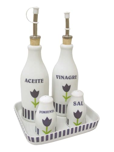 JUEGO ACEITERA VINAGRERA SAL SALERO PIMIENTA PIMENTERO PORCELANA RAYAS AZUL TULIPAN AZUL