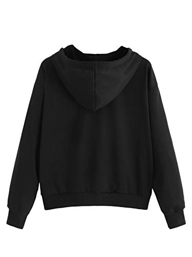Sweatyrocks Women's Floral Print Long Sleeve Hoodie Casual Drawing Sweatshirt Pullover Crop Top Black M #TOP3