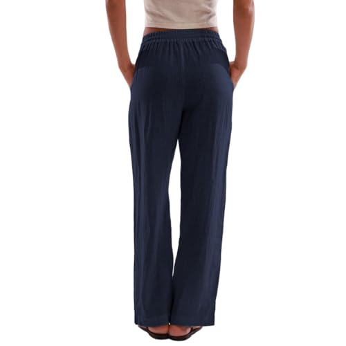 Amazhiyu Womens 100% Linen Wide Leg Elastic Lounge Pants Side Slit with Pockets3