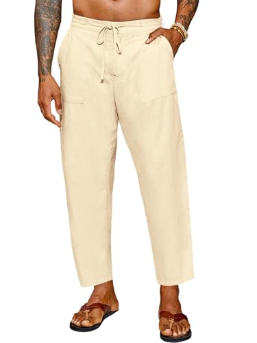Runcati Mens Cotton Linen Casual Pants Elastic Waist Drawstring Lightweight Cropped Pants Summer Beach Yoga Trousers