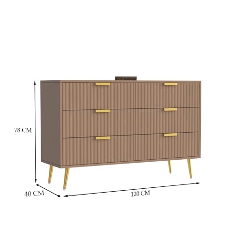 Image of Wooden Chest of Drawers | 6 Drawers Dresser Console Cabinet For Bedroom, Living Room, Drawing Room & Office | Sideboard | Multipurpose Storage | HDMR Premium Wood & Iron | Taupe & Golden
