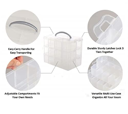Image of white storage organizer 3 layer 30 grid transparent plastic organizer jewellery craft accessories,multipurpose use- storage box basket container with collapsible and removable dividers.