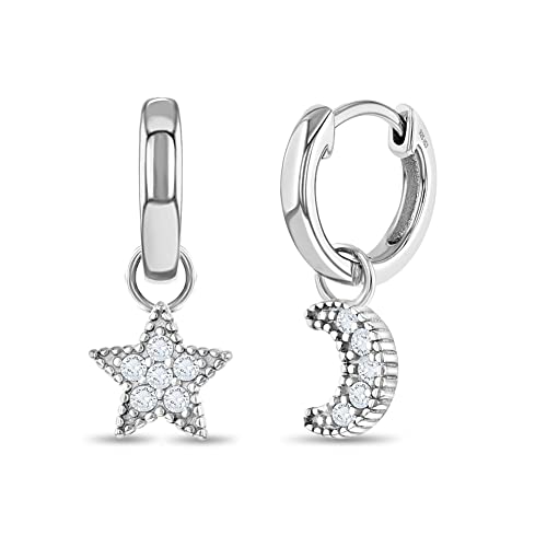 925 Sterling Silver Celestial Clear Cubic Zirconia Moon & Star Dangle Hoop Earrings For Young Girls and Preteens 12mm - CZ Earrings for Star Gazing Little Girls