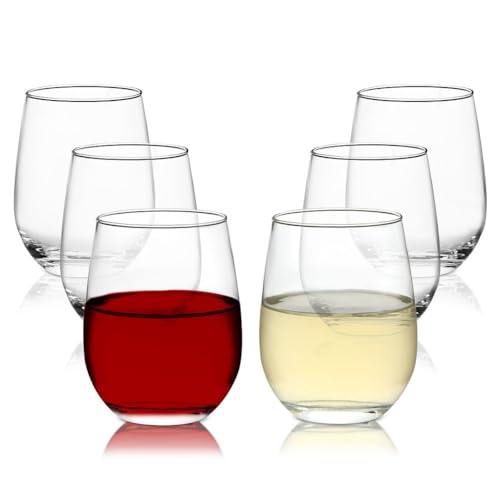 Chef's Star Stemless Wine Glasses Set of 6, No Stem Wine Glasses with Heavy Base, Ideal for Cocktails, Red Wine and Scotch for Homes and Bars 15 oz, Set of 6