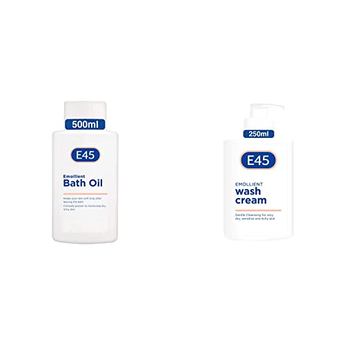 E45 Dermatological Emollient Bath Oil 500 ml & Dermatological Emollient Wash Cream, Gentle Cleansing for Very Dry, Sensitive and Itchy Skin, Soap Free, 250ml Cream Pump