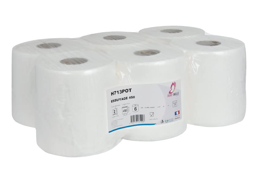 Bobines essuie-tout/essuie-mains maxi 450 formats - Dévidage central - Pure ouate - Blanche - 19,6x24cm - 2 plis - Lot de 6