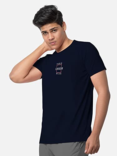 Image of BULLMER Black Trendy Typographic Printed Round Neck Half Sleeve Tshirt for Men