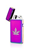 TESLA Lighter T08 Lichtbogen Feuerzeug Elektronisch, mit Wunsch-Gravur, personalisiert, Geschenk zu Weihnachten, Geburtstag etc, wiederaufladbar per USB inkl. Geschenkverpackung, Hanfblatt Regenbogen