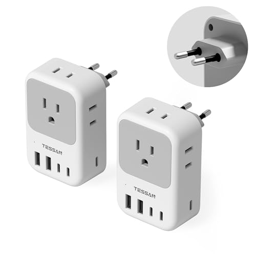 TESSAN European Travel Plug Adapter 2-Pack, US to EU Outlet Adaptor with 4 AC Outlets & 5 USB Ports (3 USB-C 28W), Type C Power Adapter for Italy France Germany Spain Greece Iceland