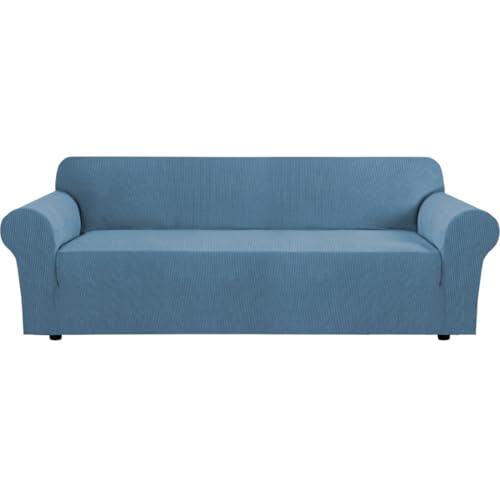 H.VERSAILTEX Stretch Couch Covers for Sofa 1 Piece Slipcovers for Couch and Sofas 3 Seater Couch Cover Feature Thick Checked Jacquard Fabric with Elastic Bottom(Large Sofa 90"-100" Wide, Dusty Blue)