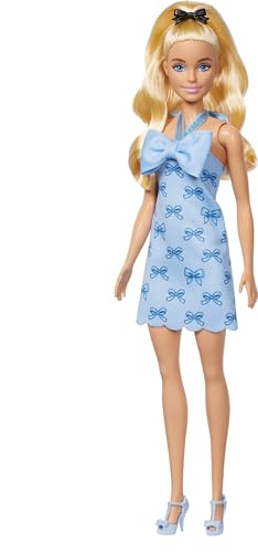 Image of Barbie Fashionistas Doll #237 with Wavy Blonde Ponytail Wearing Blue Bow Halter Dress, Black Hair Bow Accessory and Matching Blue Heels | Blue Bow Halter Dress, Black Hair Bow Accessory, Matching Blue Heels
