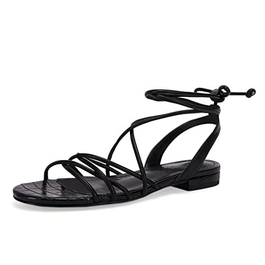 Ermonn Sandálias rasteiras femininas com cadarço e tiras abertas nas costas com tiras cruzadas cruzadas casuais de verão, Preto/brilho do dia, 10