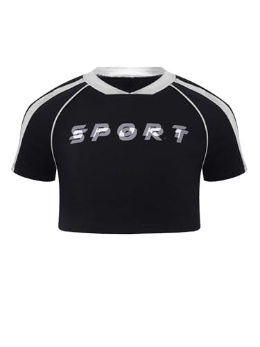 TiaoBug Kids Girls Color Block Letter Print Crop Top Short Sleeve V-Neck T-Shirt Tees for Dance Workout3