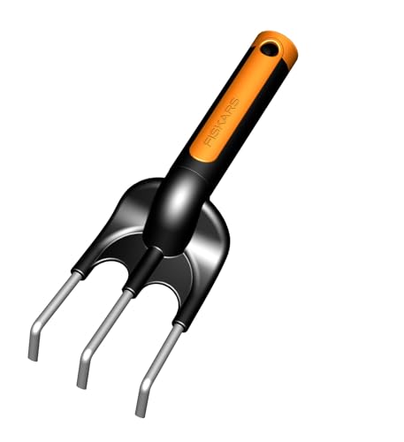 Fiskars Griffe de jardin tri-matière; 3 dents, Longueur: 25 cm, Dents en acier inoxydable, Noir/Orange, Premium, 1000728