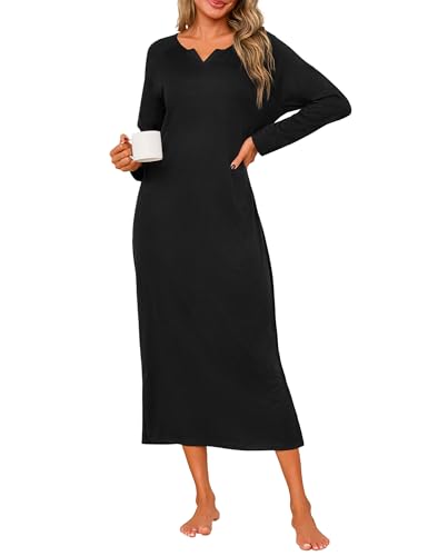 Jahetuul Chemise de Nuit Longue Femme à Manches Longues avec Fente au Bas Douce et Décontractée pour la Maison
