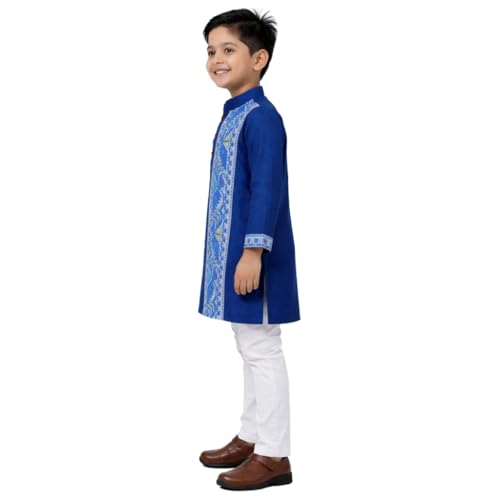 Image of Kurta Pajama for Kids Boys - Jamdani Border Kurta and Elastic Waist Pyjama Set