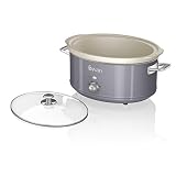 Swan Retro SF17031GRNEU wolnowar, 6,5 litra wyjmowany pojemnik kuchenny, powolny kucharz, nieprzywierająca ceramika bez PFOA i PTFE, 3 poziomy temperatury, design vintage, szary, 320 W