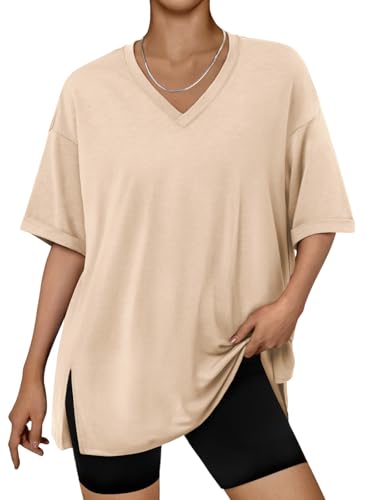 Trendy Queen Oversized Tshirts for Women Workout Plus Size Tops V Neck Short Sleeve Tunic Side Slit Outing T Shirts 2025 Spring Summer Casual Clothes Loose Fit Basic Tees Beach Light Khaki 3XL
