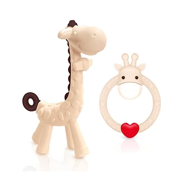 SHARE&CARE BPA-frei 2 Silikon-Giraffen-Baby-Beißring-Spielzeug mit Aufbewahrungsbox, für 3 Monate über Zahnfleischschmerzen bei Säuglingen, Schmerzlinderung und Babyparty, Set mit 2 verschiedenen Beißspielzeugen