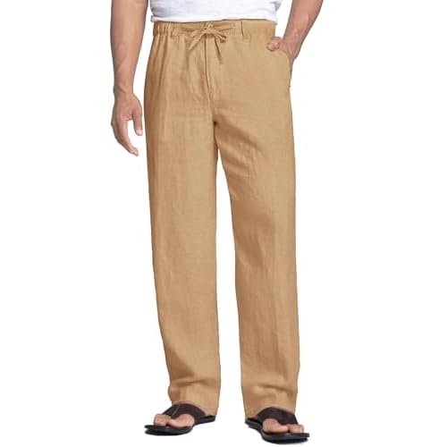 COOFANDY Men's Casual Linen Pants Elastic Waist Drawstring Beach Summer Pants Lightweight Linen Trousers Small Dark Khaki