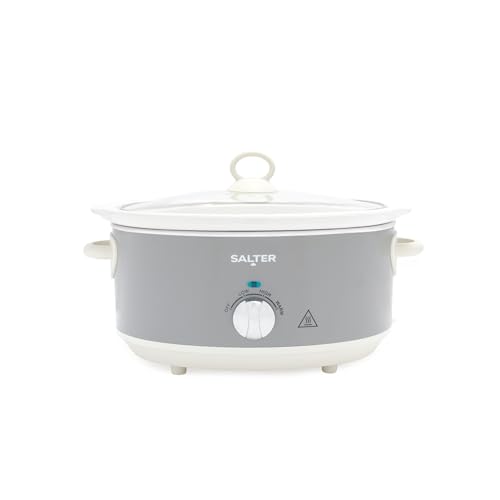 Salter Retro 6.5L Slow Cooker – 3 Heat Settings & Keep Warm, Dishwasher Safe Ceramic Pot, Tempered Glass Lid, Cool Touch Handles, Family Cooking, Stews, Casseroles, Curries, Grey, 200W, EK6250GRY