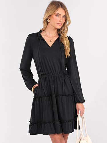 Caracilia Long Sleeve Dress for Women Fall 2025 Casual V Neck High Waist Tiered Ruffle Aline Swing Tunic Short Mini Dresses3