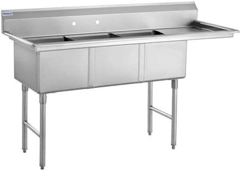 Kratos 29N-056 Three-Bowl Compartment Sink, 16"Wx20"Lx12"H Bowl Size, Drainboard on Right
