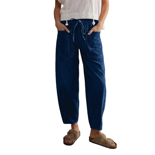 Generico Pantaloni Jeans Barrel Donna a Vita Alta con Gamba Larga, Modello Baggy Elastici alla Caviglia con Tasche