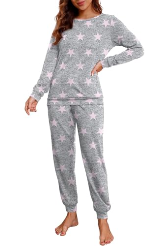 PrinStory Schlafanzug Damen Lang Pyjama Set Nachtwäsche Loungewear Rundhals Schlafanzugoberteile Und Schlafhosen Mit Taschen (Rosa Stern, L)