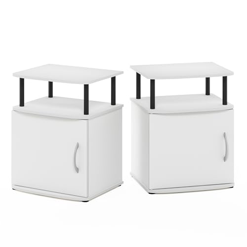 Image of Furinno Jaya Side Table Set of 2, 2-Tier Open Shelf End Table with Door Cabinet, Soft-Edges Night Stand, Bedside Table, for Living Room, Bedroom, White