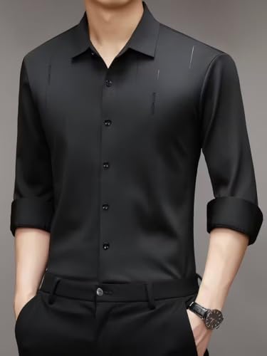Image of IndoPrimo Men's Regular Fit Satin Designer Shirt with Stylish Vertical Line Sequence | Long Sleeve Formal & Casual Button Down Shirt for Casual and Party Look
