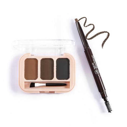 Boobeen 3 Couleur Poudre à sourcils et Crayon à sourcils à double extrémité avec brosse angulaire，Avec brosse en spirale，Crée des sourcils en 3D tout au long de la journée