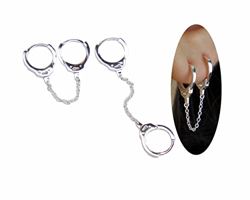 handcuff earrings, Double piercing, huggie hoop Earring, hoop chain earrings, double hoop earring, chain earrings,sterling silver 925, vermeil