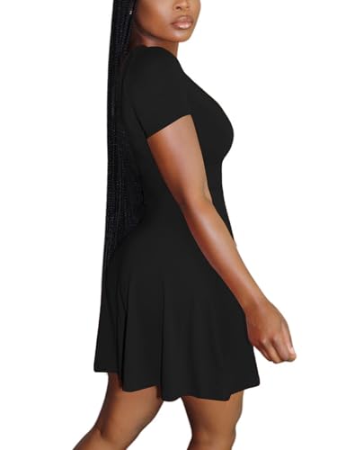 LYANER Women's Scoop Neck Short Sleeve Ruffle Hem A Line Flare Mini Basic Dress2