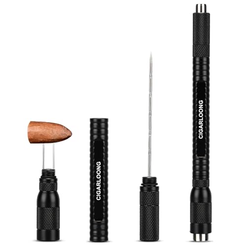 Cigar Punch 4-in-1 Draw Enhancer Tool with Double Size Cigar Punch and Stainless Steel Twin Needle Comes in Gift Box (Pure Black)