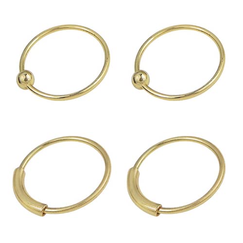 Tienda 4 aros nariz, plata de ley 925, finos, 2 color dorado con bola de cierre y 2 color dorado con barra de cierre 9mm diámetro, 0,6mm grosor.