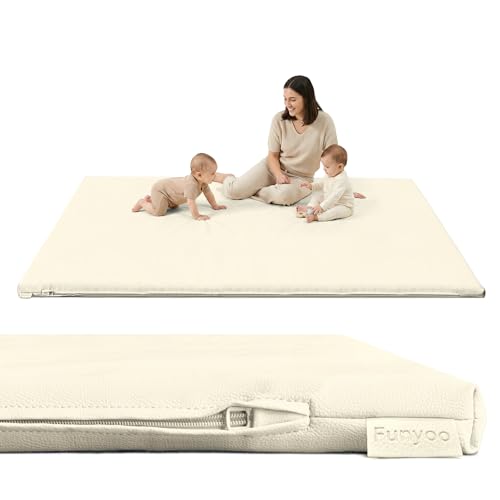 Image of Vegan Leather Baby Play Mat, 79x59 Thick Cushioned Waterproof Playpen Mat, Stylish Removable Cover Floor Mat for Babies & Toddlers, Soft Padded Play Mat for Safe Crawling, 1.2 inch Thick, Cream
