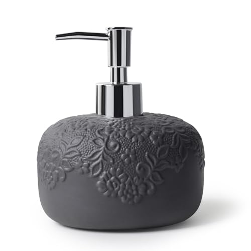 Soap Dispenser, Ceramic Countertop Lotion Dispenser 14oz with Embossed Design, Matte Black Bathroom Refillable Lotion Bottle for Shower Soaps Shampoo Kitchen Organization, ANTIS'S HOME