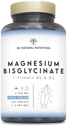 Magnesium Bisglycinat 2250mg, 450mg Elementares + B6 + D3 pro Tagesdosis, zur Reduzierung von Müdigkeit und Erschöpfung, 150 Hochdosiert Tablets (5 Monats). N2 Natural Nutrition